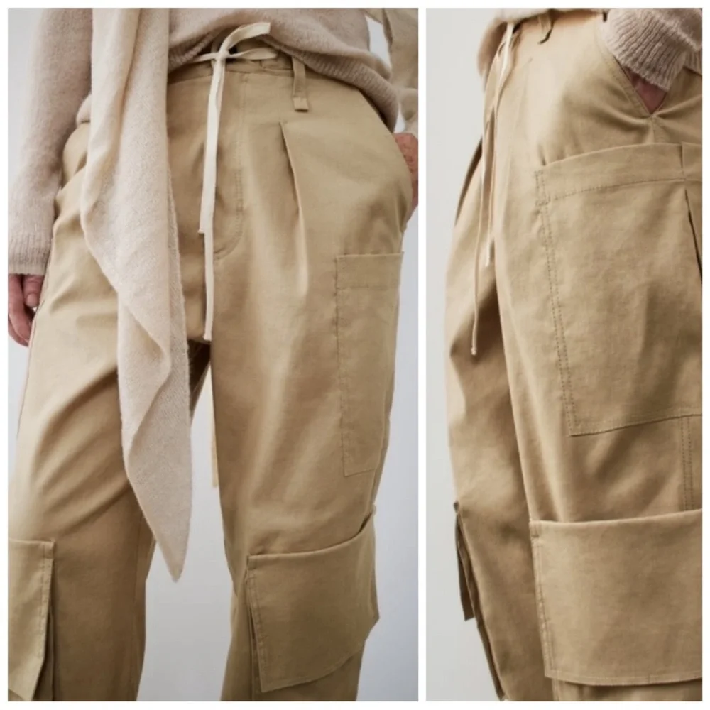 ZARA Women’s Size XS Khaki Linen ZW Collection Multi Pocketed Cargo Utility Pant